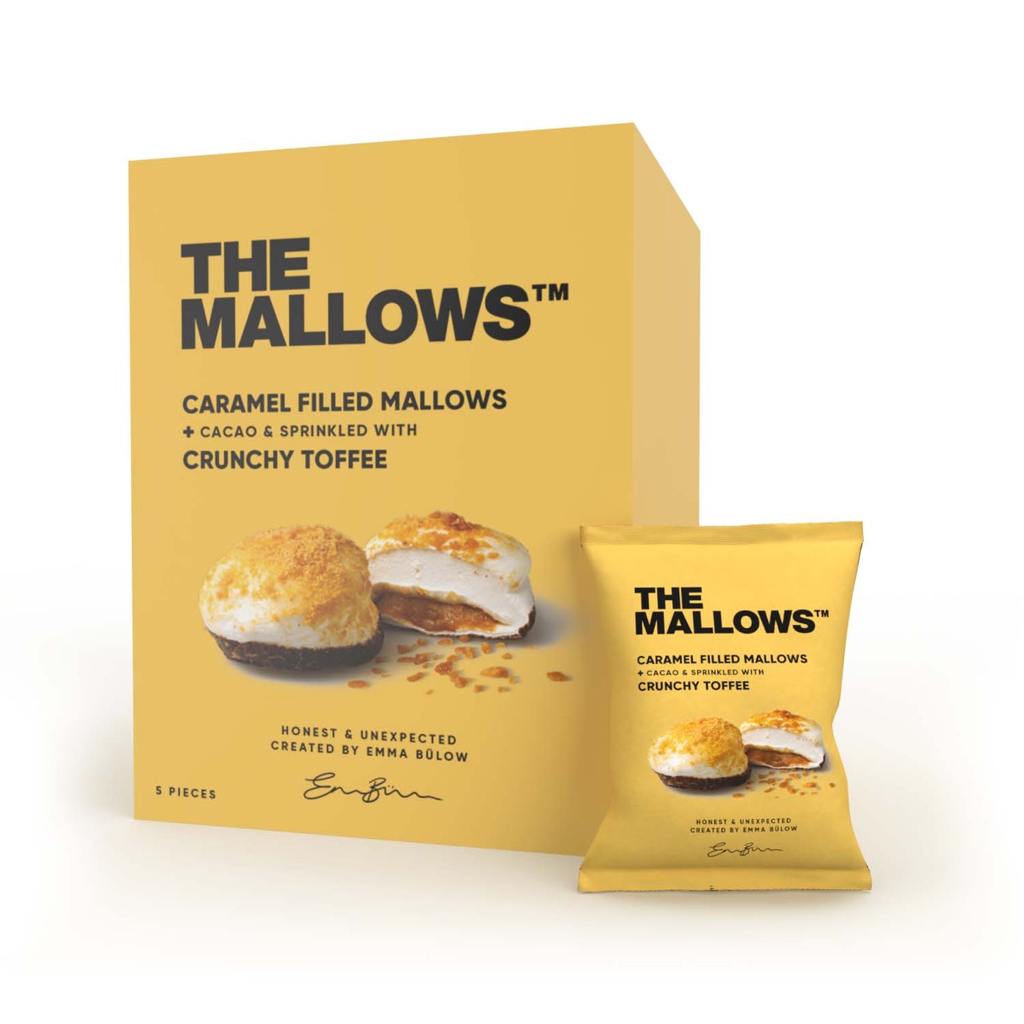 The Mallows - Fyldte Karamel Skumfiduser Med Cacaobund & Crunchy Toffee På Toppen