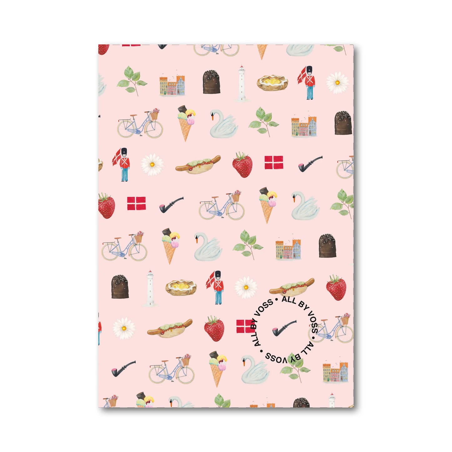 All By Voss Notesbog Danish – hardback notesbog med 96 blanke, kraftige hvide sider der modvirker gennemskrivning ved tusch, omslag med akvarelmotiv af Annemette Voss Fridthjof, 21 x 14,8 cm