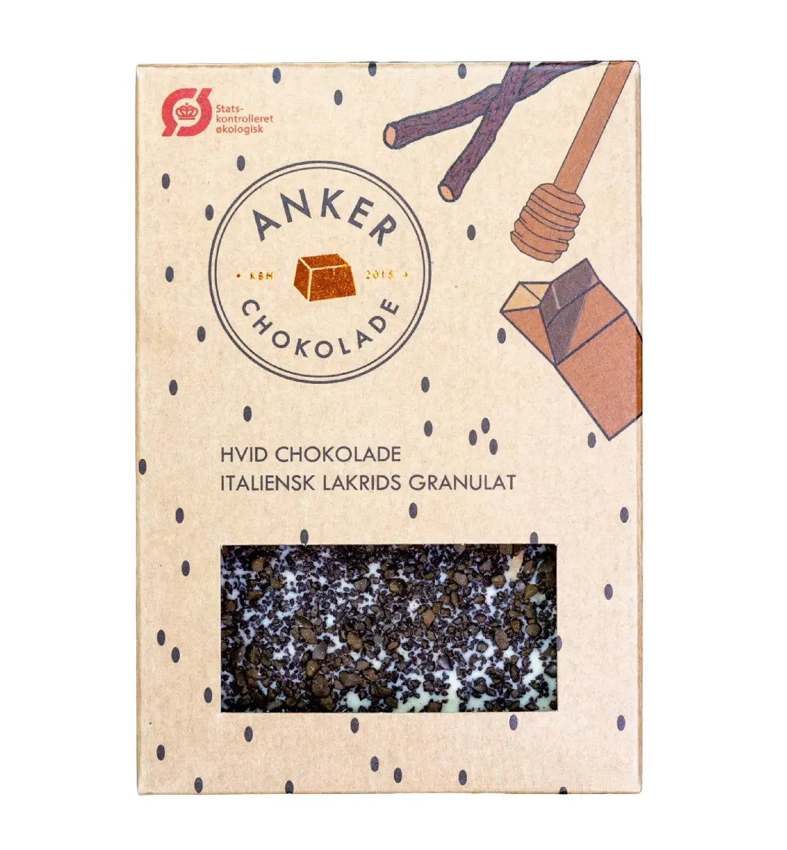 Anker Chokolade 100gr plade 100 g – økologisk hvid chokolade med italiensk lakridsgranulat, cremet hvid chokoladeplade med lakrids, opbevares køligt ved højst 18 grader