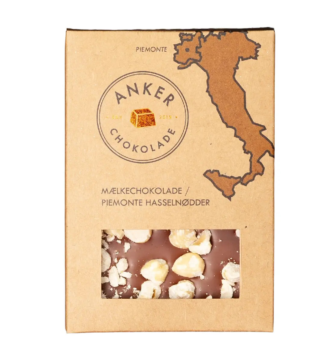 Anker Chokolade 100 g chokoladeplade – 35% mælkechokolade toppet med Piemonte-hasselnødder, økologisk chokolade med sprød nøddecrunch, opbevares køligt ved højst 18 grader