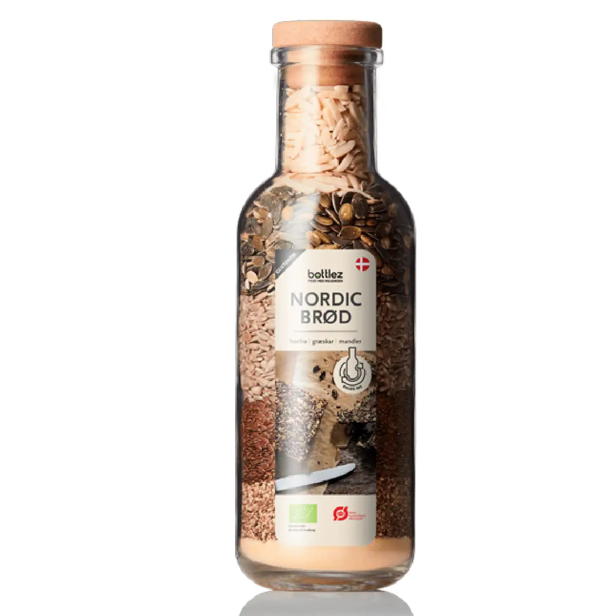 bottlez Nordic Brød, glutenfri brødblanding med solsikkekerner, græskarkerner, hørfrø, sesamfrø, majsmel og mandler i 1 L glas, 695 g