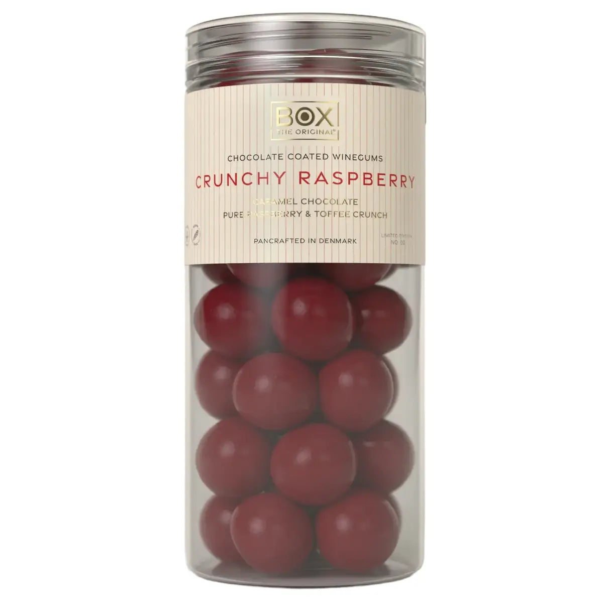 BOX The Original Crunchy Raspberry 250 g med hindbærvingummi, hvid chokolade og karamelknas