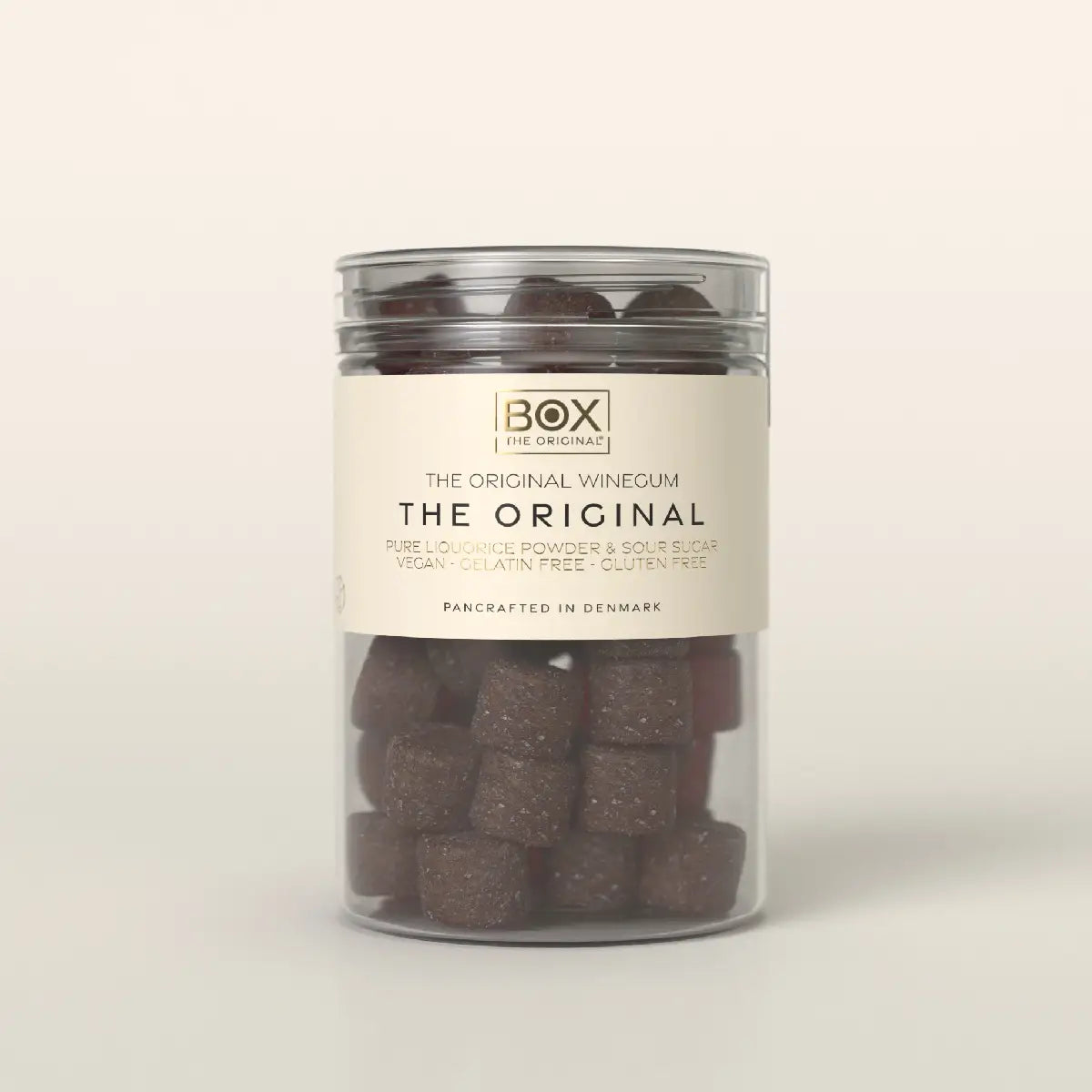 Box The Original Just The Winegum The Original Tube 170 g med vegansk og gelatinefri skovbær-vingummi, sur sukkermix og lakridspulver