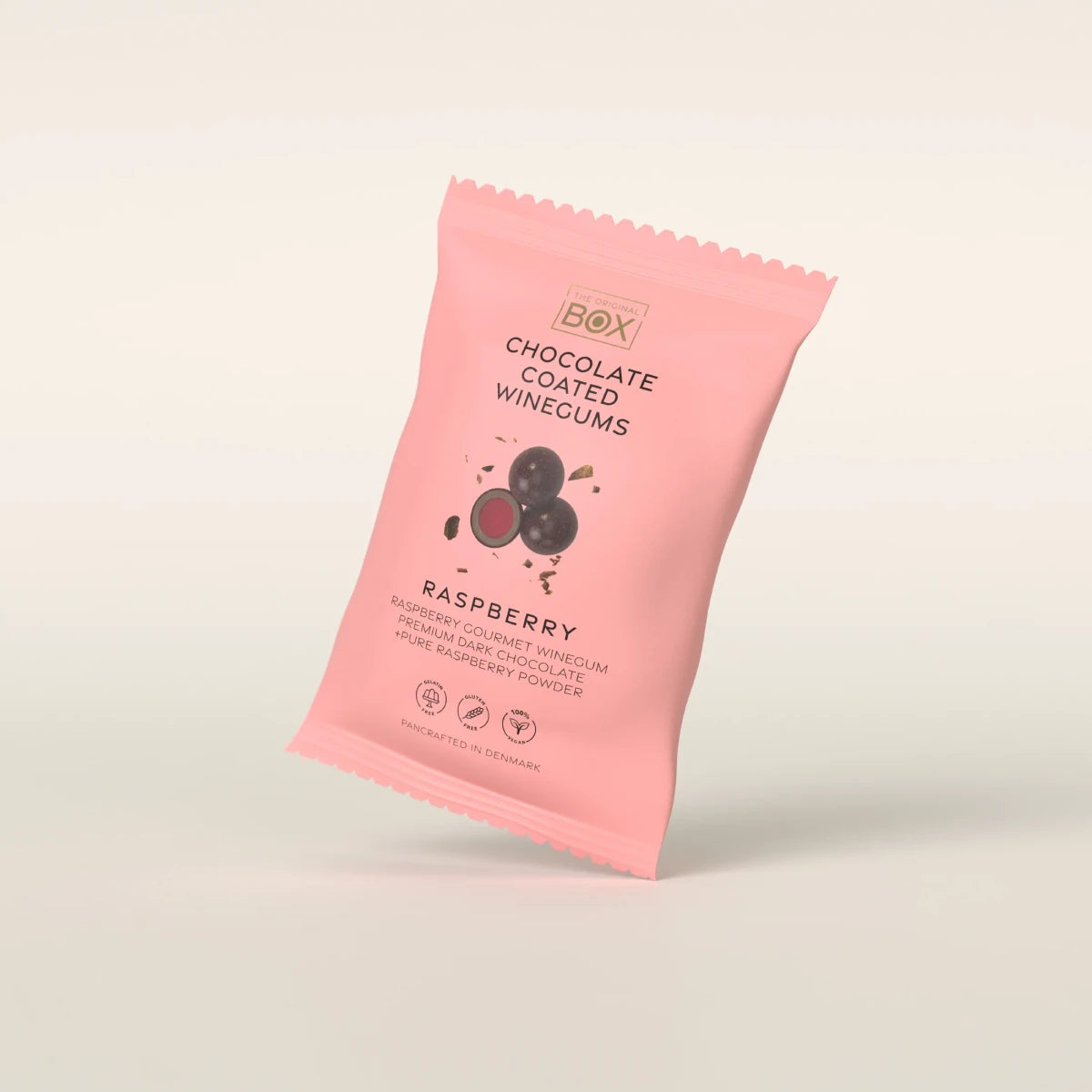 Box The Original Snack Pack Dark Raspberry 70 g – gelatinefri hindbærvingummi i mørk chokolade med hindbærpulver