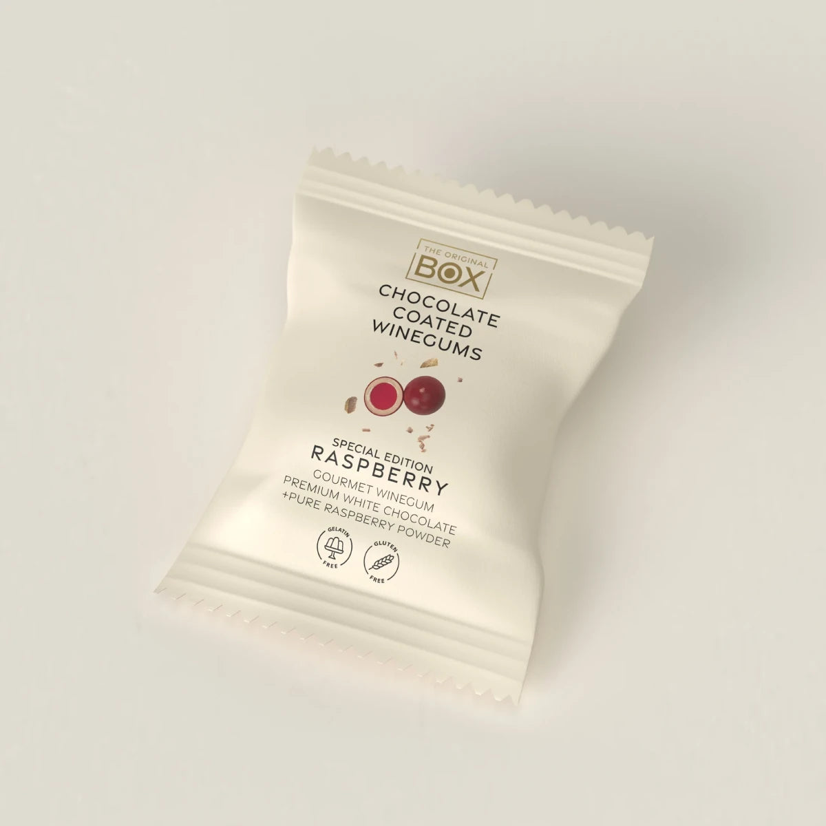 Box The Original Two Pack Raspberry 13 g – gelatinefri hindbærvingummi i premium hvid chokolade med hindbærpulver