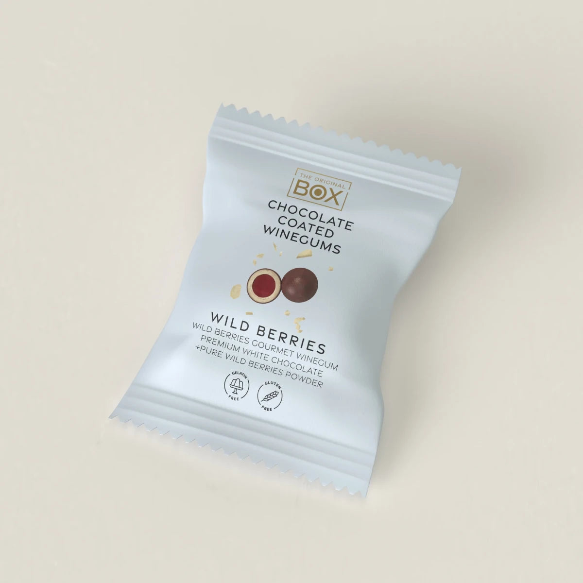 Box The Original Wild Berries 13 g med gelatinefri skovbær-vingummi, premium hvid chokolade og naturligt skovbærpulver