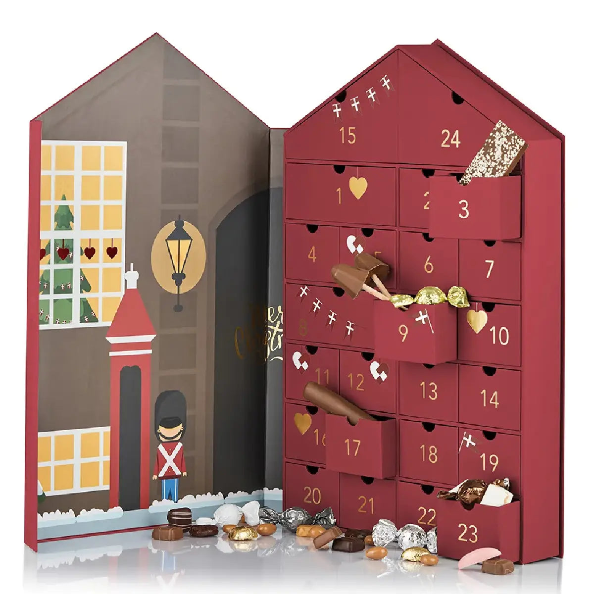 Cocoture Kæmpe Chokolade-julekalender 2026, luksus kalenderhus med 24 låger, fyldte chokolader, chokoladeplader, marcipan, lakrids og julegodter, 765 g