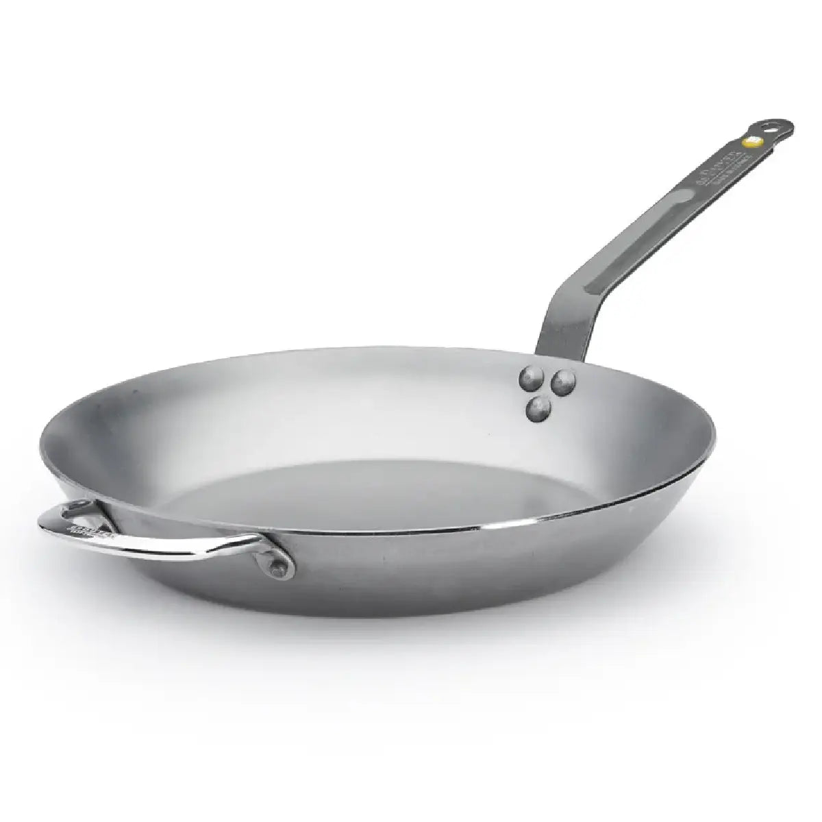 de Buyer Mineral B stegepande i kulstofstål Ø32 cm med bivoksfinish, lyonnaise-form, hjælpehank og induktionsbund til bruning og høj varme