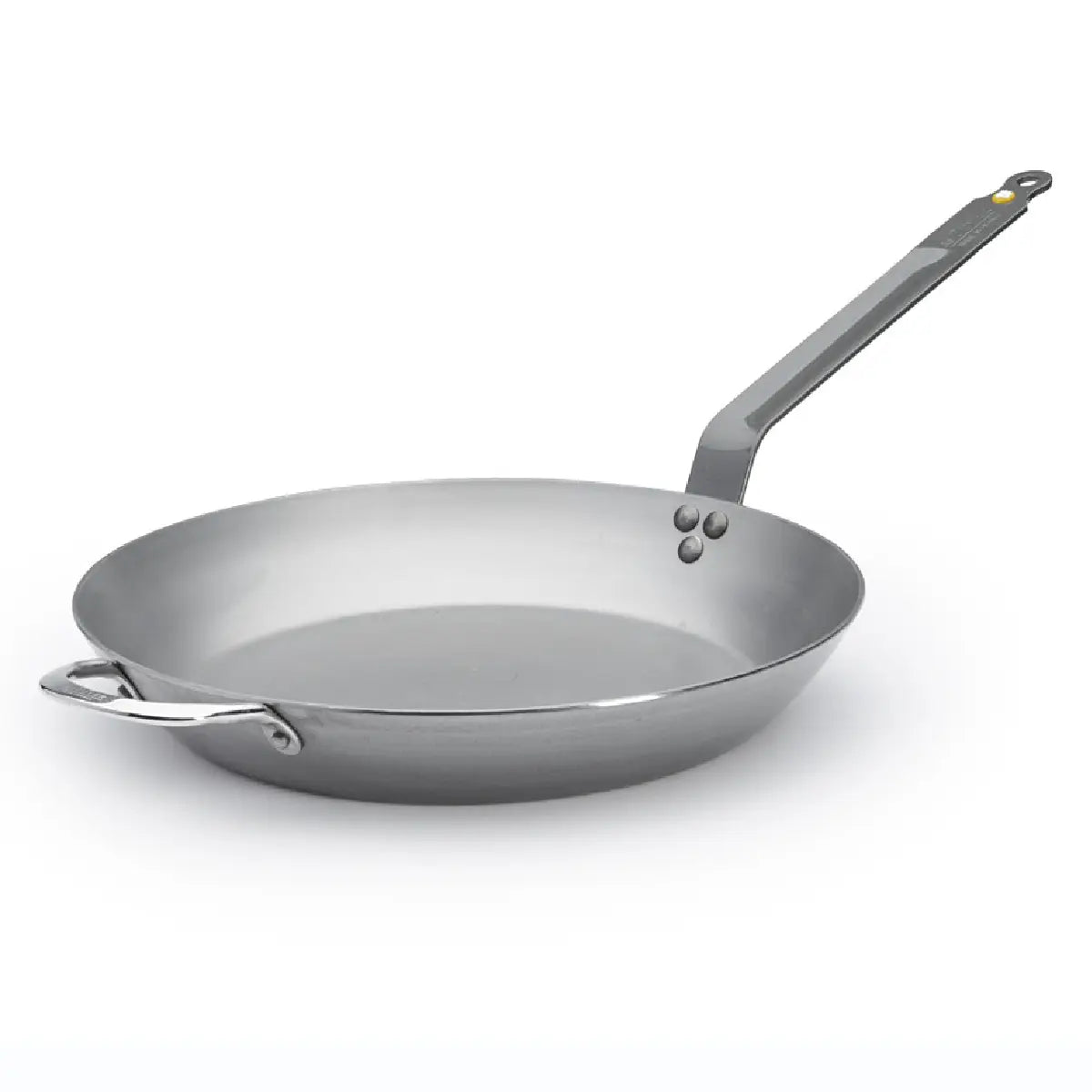 de Buyer Mineral B stegepande i kulstofstål Ø36 cm med bivoksfinish, lyonnaise-form, hjælpehank og induktionsbund til bruning og høj varme