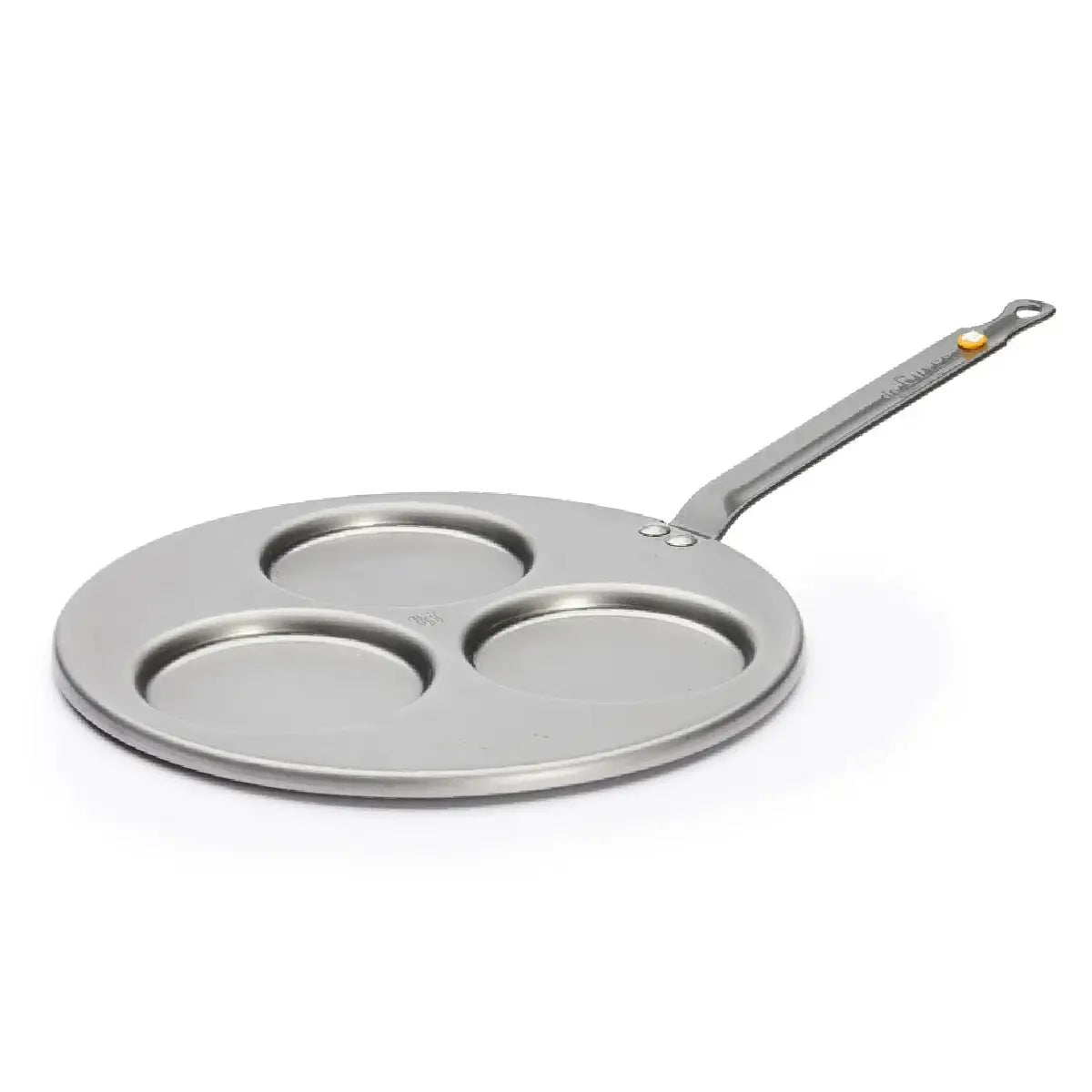 de Buyer Mineral B triblinispande i kulstofstål Ø27 cm med 3 forme på Ø10 cm, bivoksfinish og fastnittet hank til blinis, små pandekager og brunch