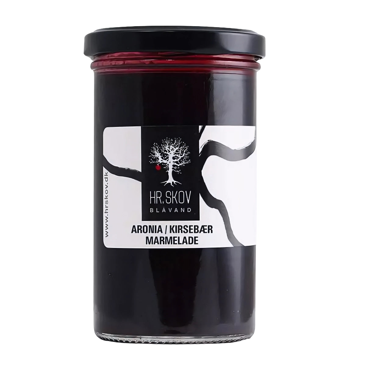 Hr. Skov Aronia/kirsebær marmelade 290 g – cremet bærmarmelade med aronia (20%), danske hyben, æbler og kirsebær (8%), ideel til brunch, ostebord, ristet brød og som fyld i kager