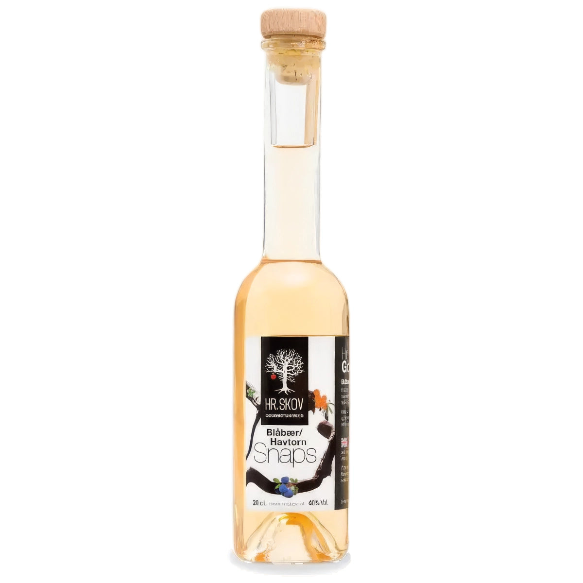 Flaske med Hr. Skov Blåbær & havtorn snaps – frugtig snaps med blåbær og havtorn, 20 cl og 38% alkohol, velegnet til frokostbord og ostebord