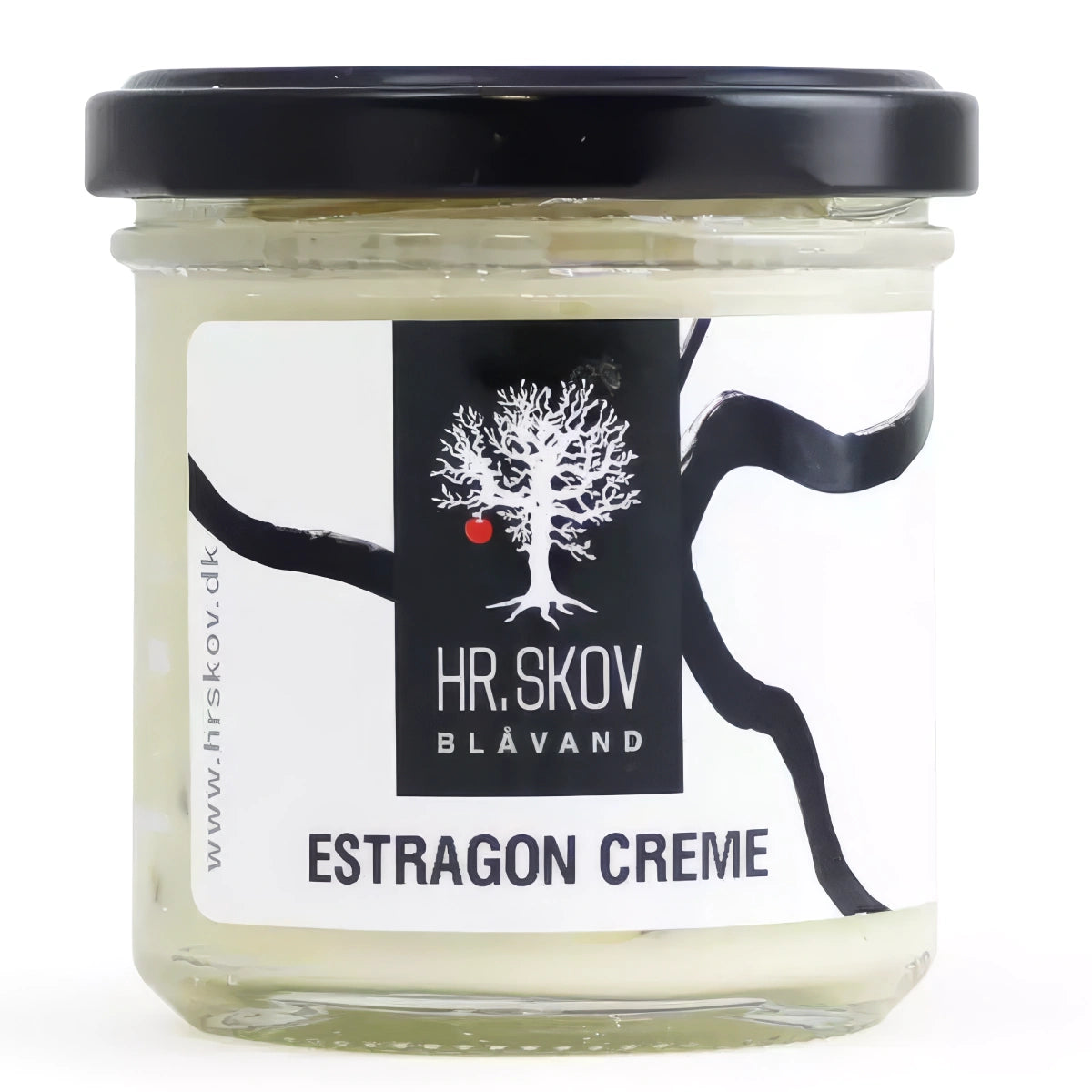 Glas med Hr. Skov estragon creme – cremet estragonmayonnaise med estragon (3%), lavet med rapsolie og pasteuriserede æggeblommer, 130 g, til bøf, grillmad, pommes frites og sandwich