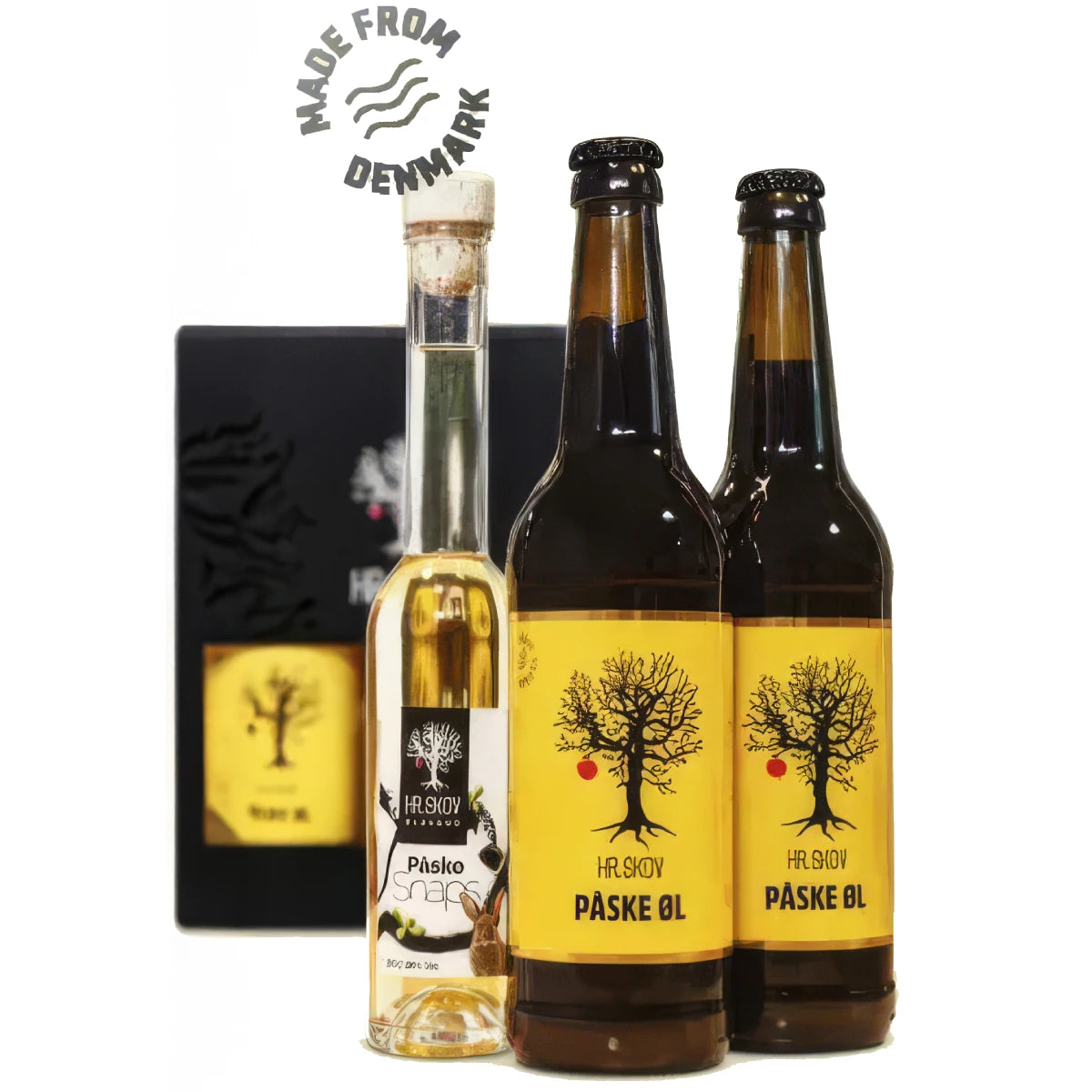 Hr. Skov gaveæske med Påskebryg 50 cl (8,2%) og Påske snaps 20 cl (38%) – påskegave med kraftig øl med whisky og blommer samt mild, rund snaps til påskebord og frokost