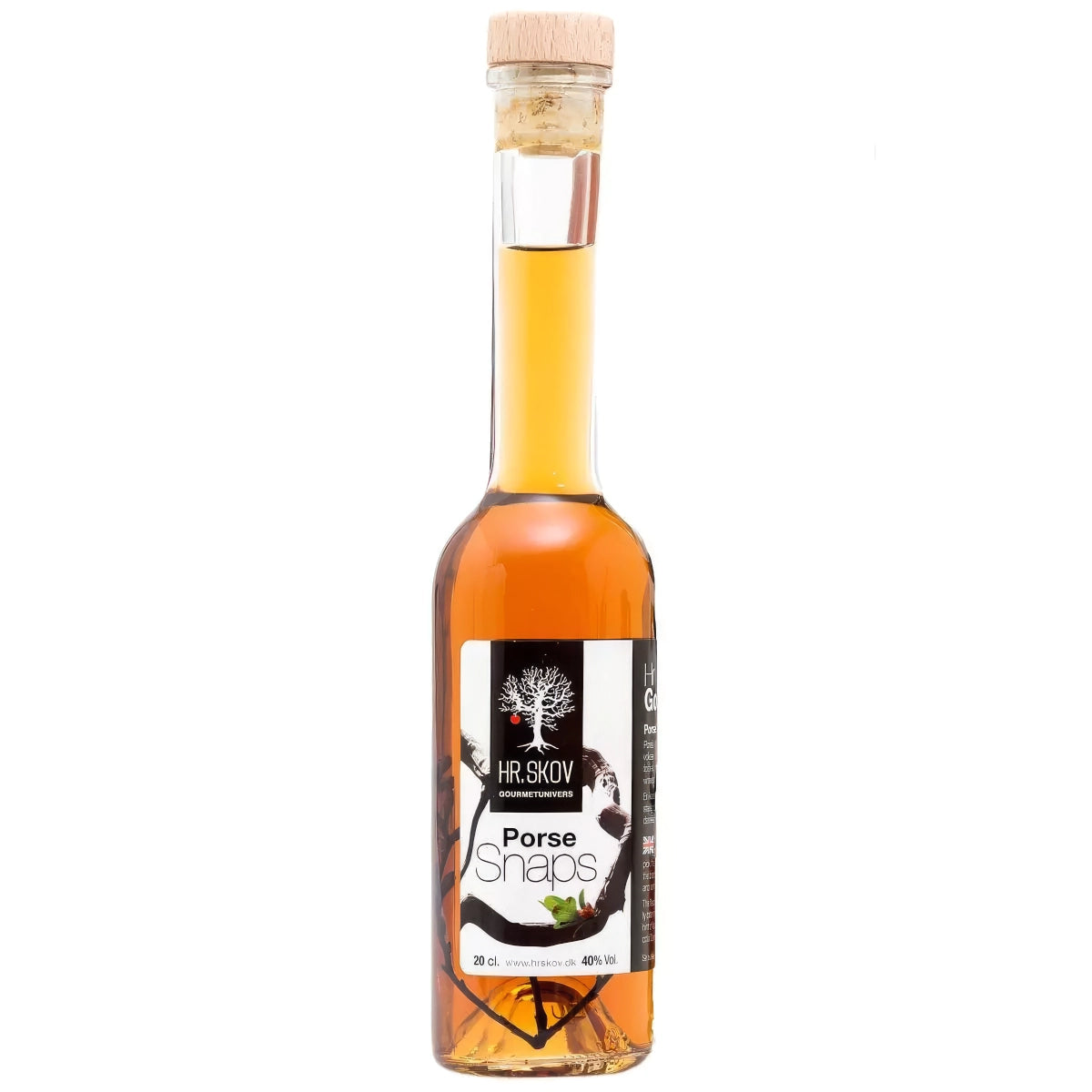 Flaske med Hr. Skov Porse snaps – klassisk krydret snaps med porse, 20 cl og 38% alkohol, velegnet til frokostbord, sild og fiskeretter
