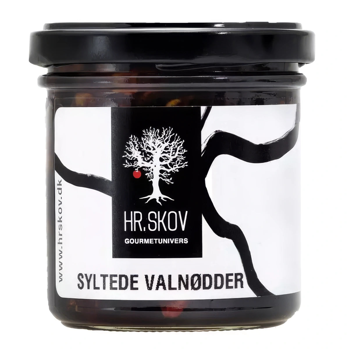 Glas med Hr. Skov syltede valnødder – valnødder (27%) syltet med honning, sukker, balsamico og valnød snaps, 160 g, perfekt til ostebord, tapas og desserter