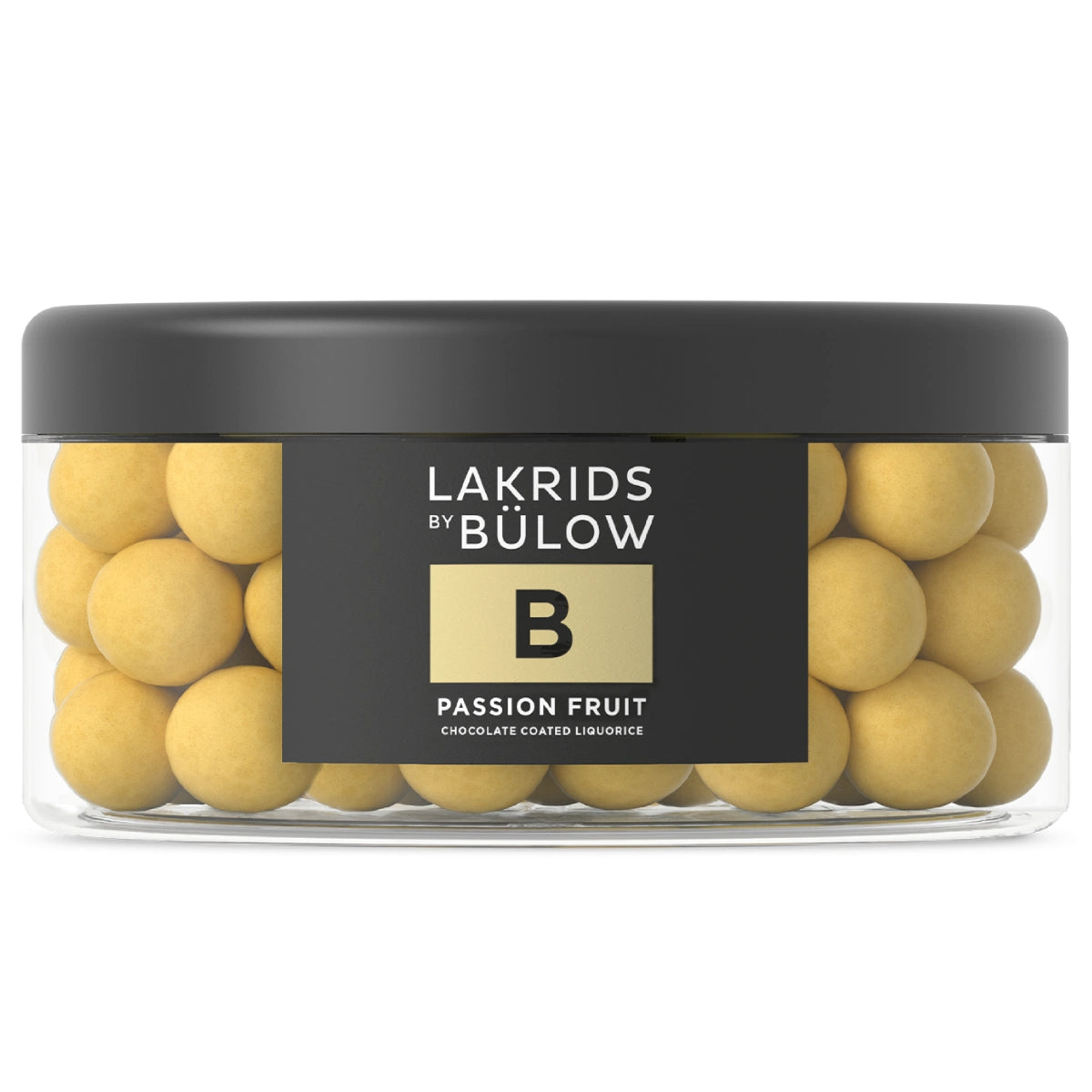 Lakrids by Bülow B - Passion Fruit 550 g – packshot af stor beholder med gourmetlakrids i hvid chokolade og passionsfrugt, sprød sukkerskal og frisk syrlig smag
