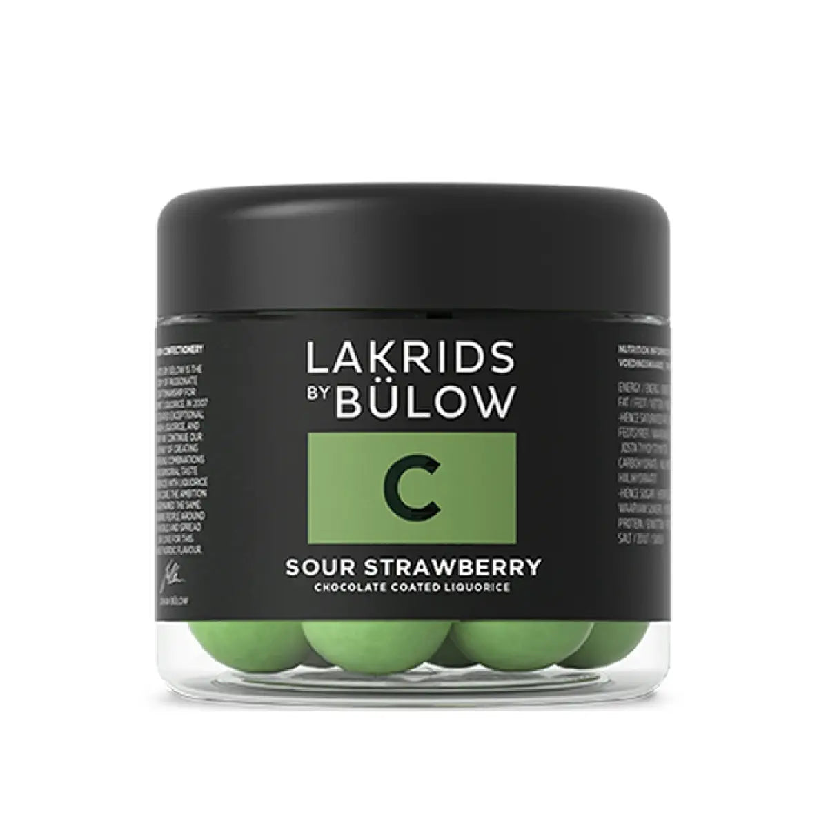 Lakrids by Bülow C - SOUR STRAWBERRY Small 115 g med rød lakrids, hvid chokolade, grønne jordbær og sprød grøn sukkerskal
