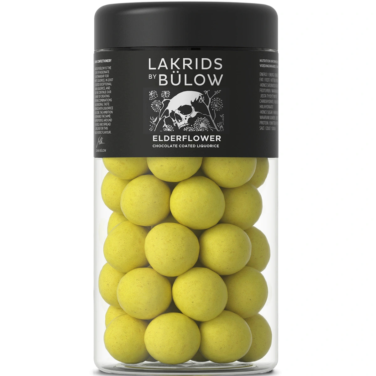 Packshot af Lakrids by Bülow Elderflower Regular 270 g – gourmetlakrids med blød sød lakridskerne overtrukket med hvid chokolade og hyldeblomst, cremet og floral smag