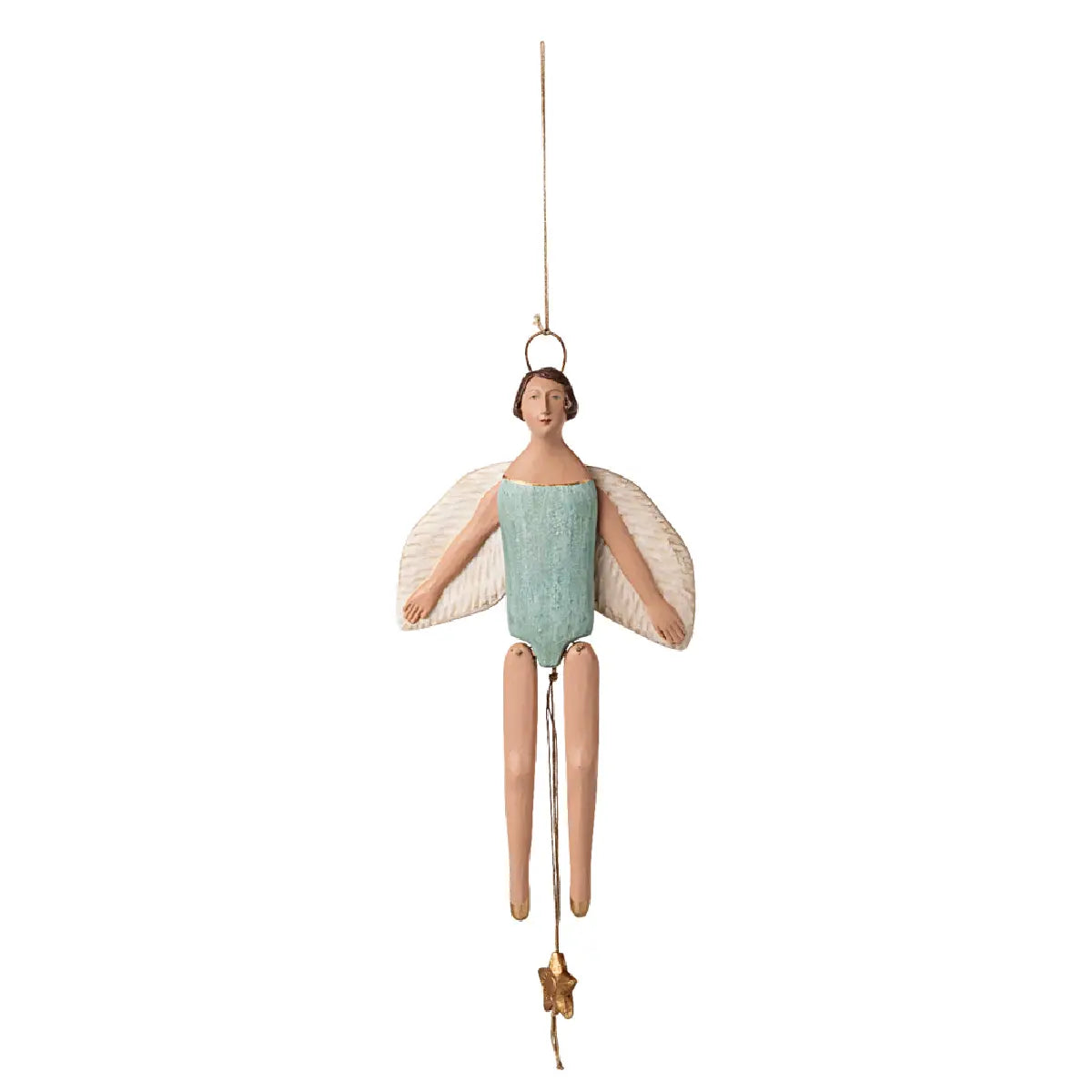 Maileg Angel Jumping Jack With Halo Medium Light Mint, håndlavet dekorationsengel med glorie, sprællemand-funktion og håndmalede detaljer