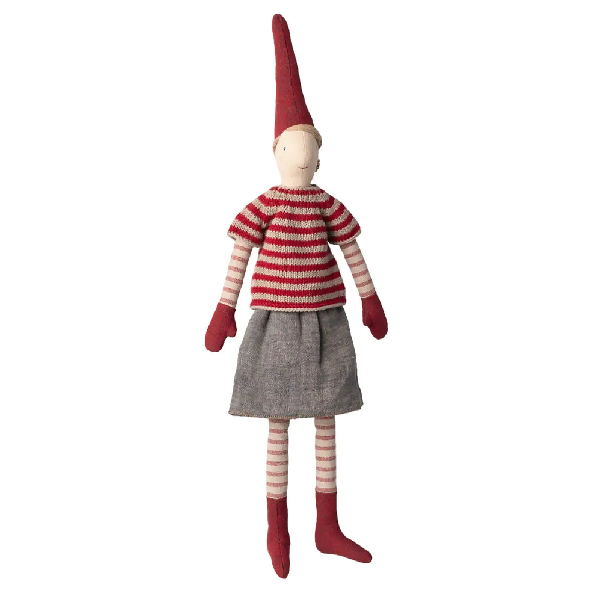 Maileg Pixy Size 3 Girl Skirt and Knitted Sweater, nissepige med nederdel og strikket sweater, dekorativ julenisse i klassisk Maileg-stil