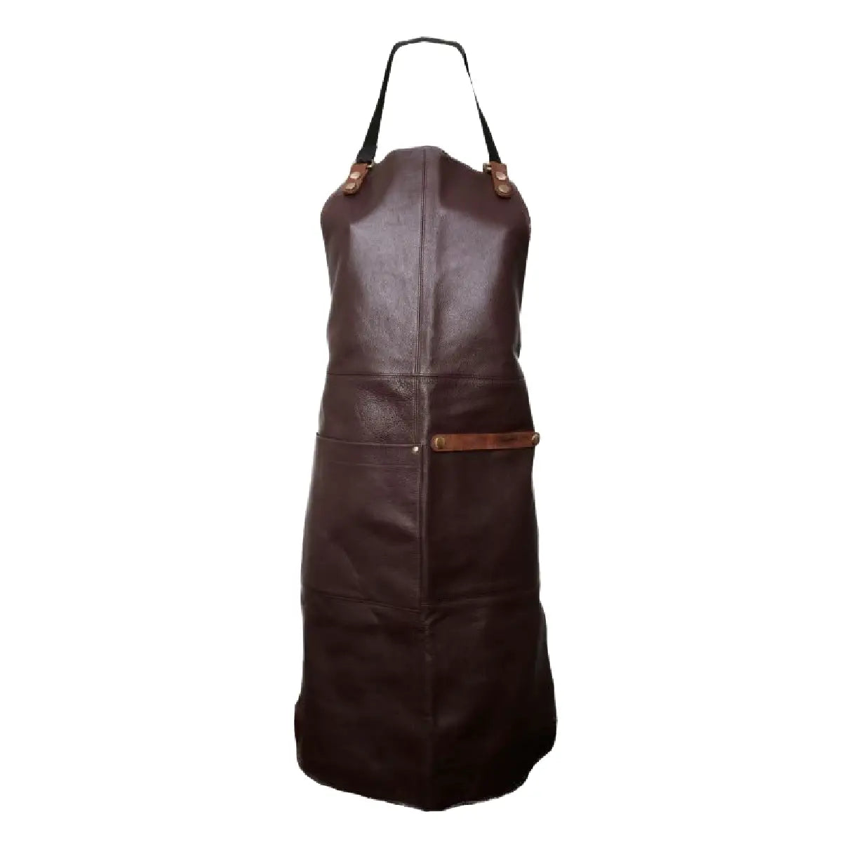 Ørskov Copenhagen Gourmet Forklæde i chokoladebrunt læder med brun rem og stor frontlomme, 85 × 55 cm