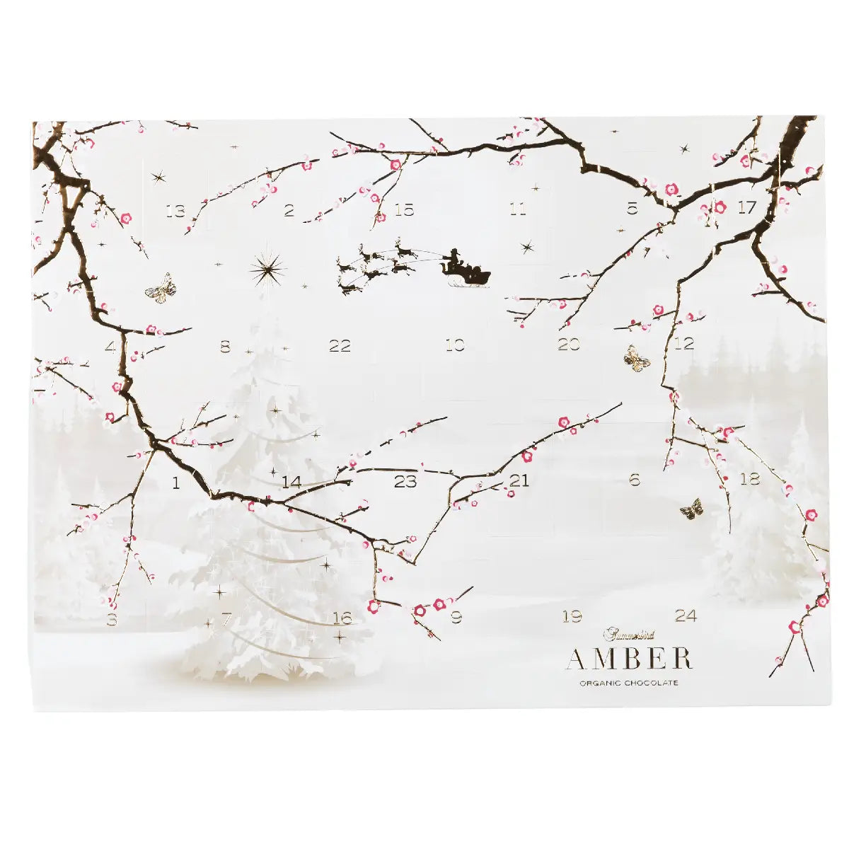 Summerbird Amber Christmas Calendar økologisk chokoladejulekalender med 1 stykke chokolade hver dag, lyst vinterdesign, 249 g