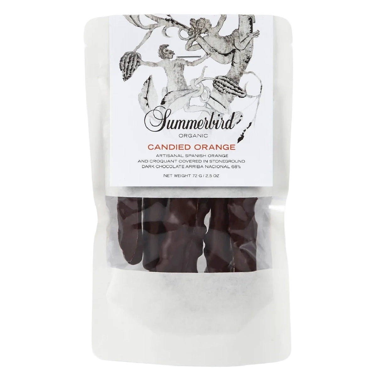 Summerbird Candied Orange 72 g (6 stk) – kandiseret økologisk appelsinskal fra Spanien overtrukket med mørk chokolade Arriba Nacional 68% og knust karamel