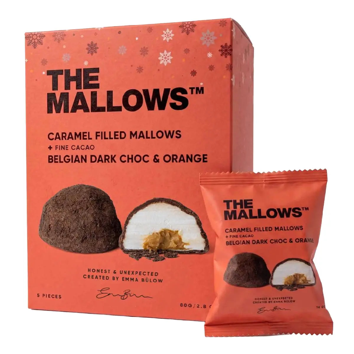 The Mallows Caramel Filled Mallows med mørk chokolade, karamelfyld og orange, 5 stk. 80 g