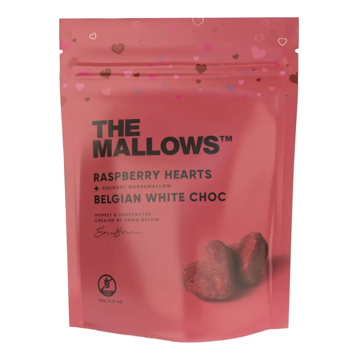 The Mallows Raspberry Hearts hjerteformede skumfiduser med hvid chokolade og hindbær, 90 g