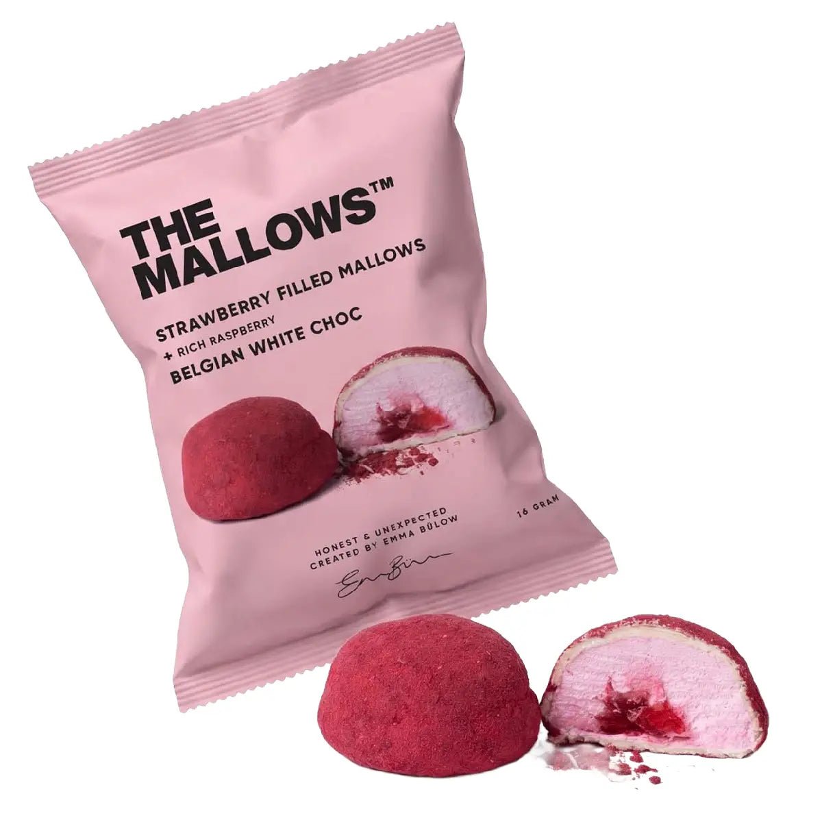 The Mallows Strawberry Filled Mallow med jordbærfyld, belgisk hvid chokolade og hindbær, 1 stk. 16 g