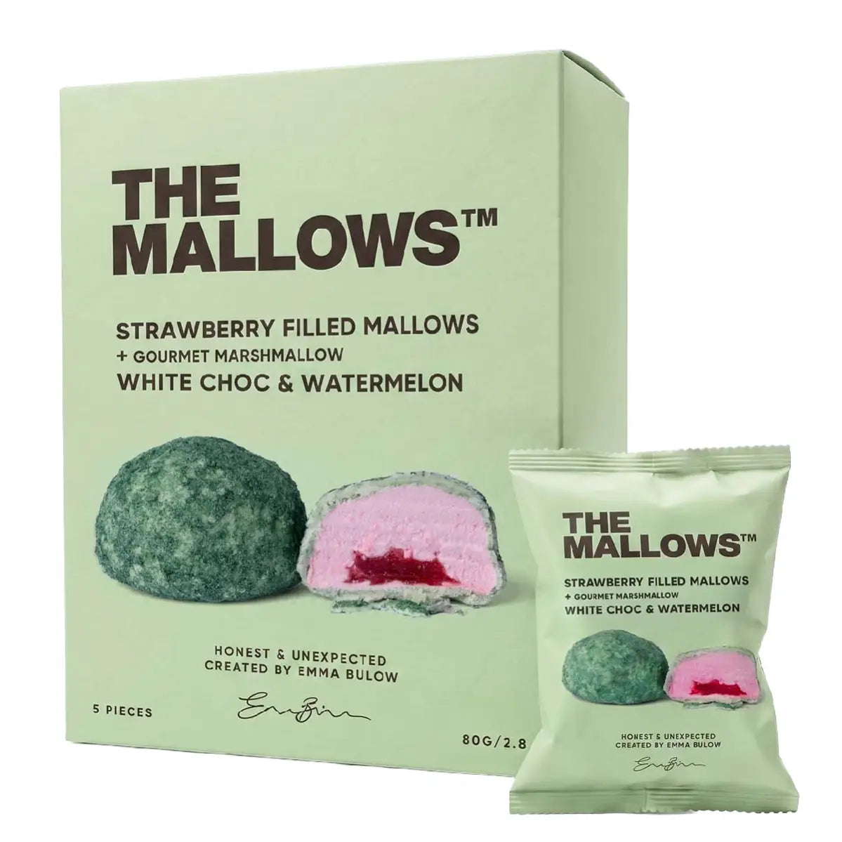 The Mallows Strawberry Filled Mallows med jordbærfyld, vandmelon og belgisk hvid chokolade, 5 stk.