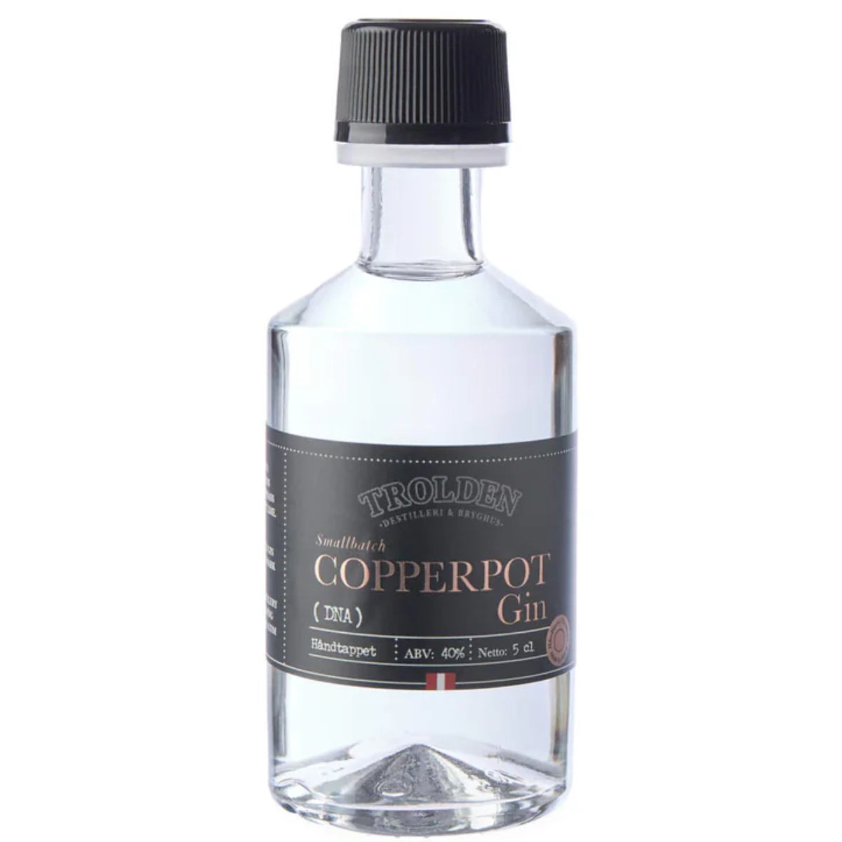Trolden DNA Copperpot Gin 5 cl – mini premium gin destilleret i kobberkedler med infusion box, smagsnoter af enebær, hyldeblomst, angelikarod og håndskårne limeskaller