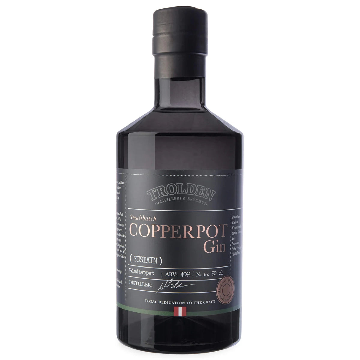 Trolden SUSTAIN Copperpot Gin 50 cl – dansk bæredygtig gin destilleret på kobberkedler med infusion box, lokale botanicals som citronverbena og lakridsurt, frisk urtet profil