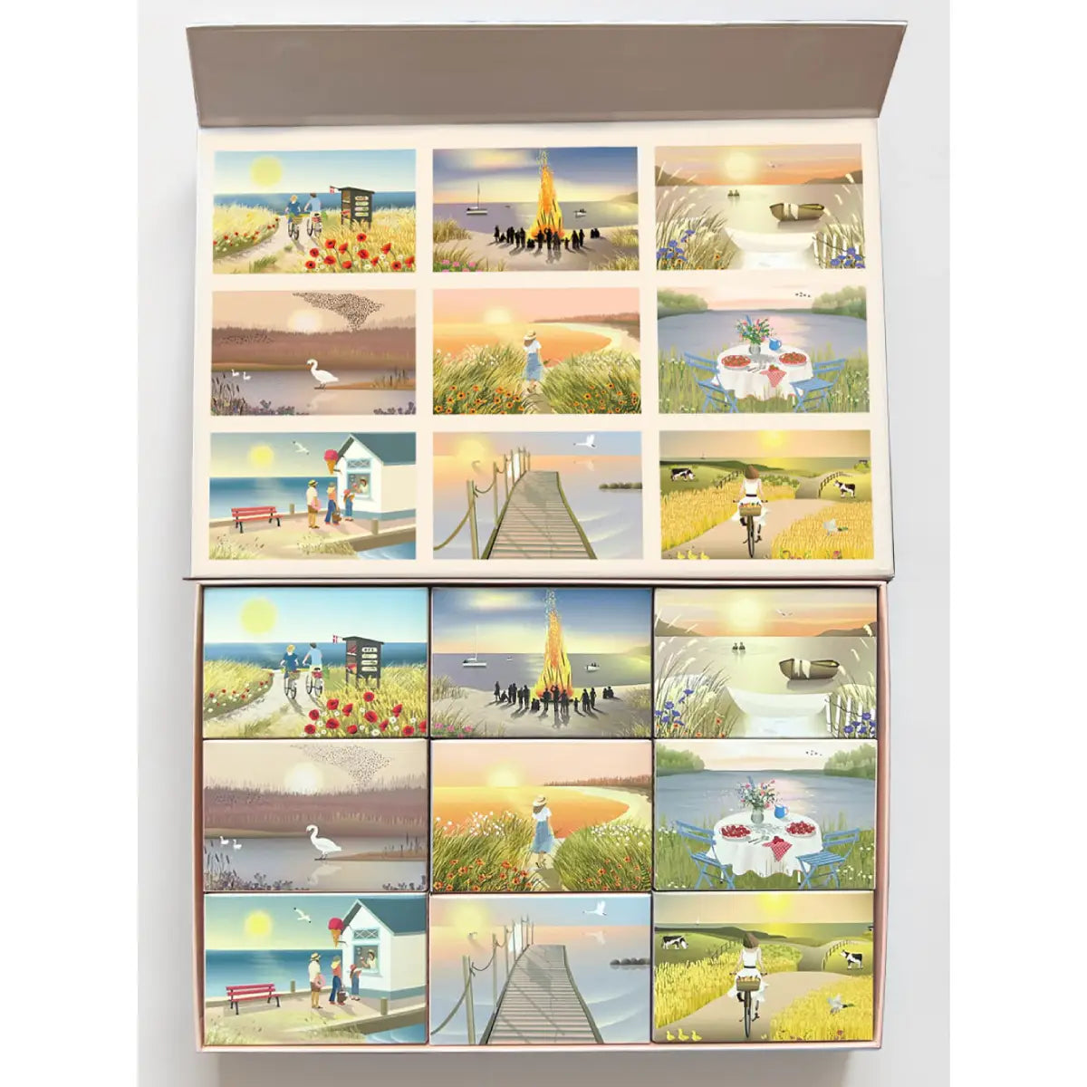 ViSSEVASSE SUMMER MOMENTS puslespilsboks med 9 små puslespil – 9 x 104 brikker med sommermotiver, magnetlukning, FSC-certificeret papir, boks 22 x 31,5 x 5 cm