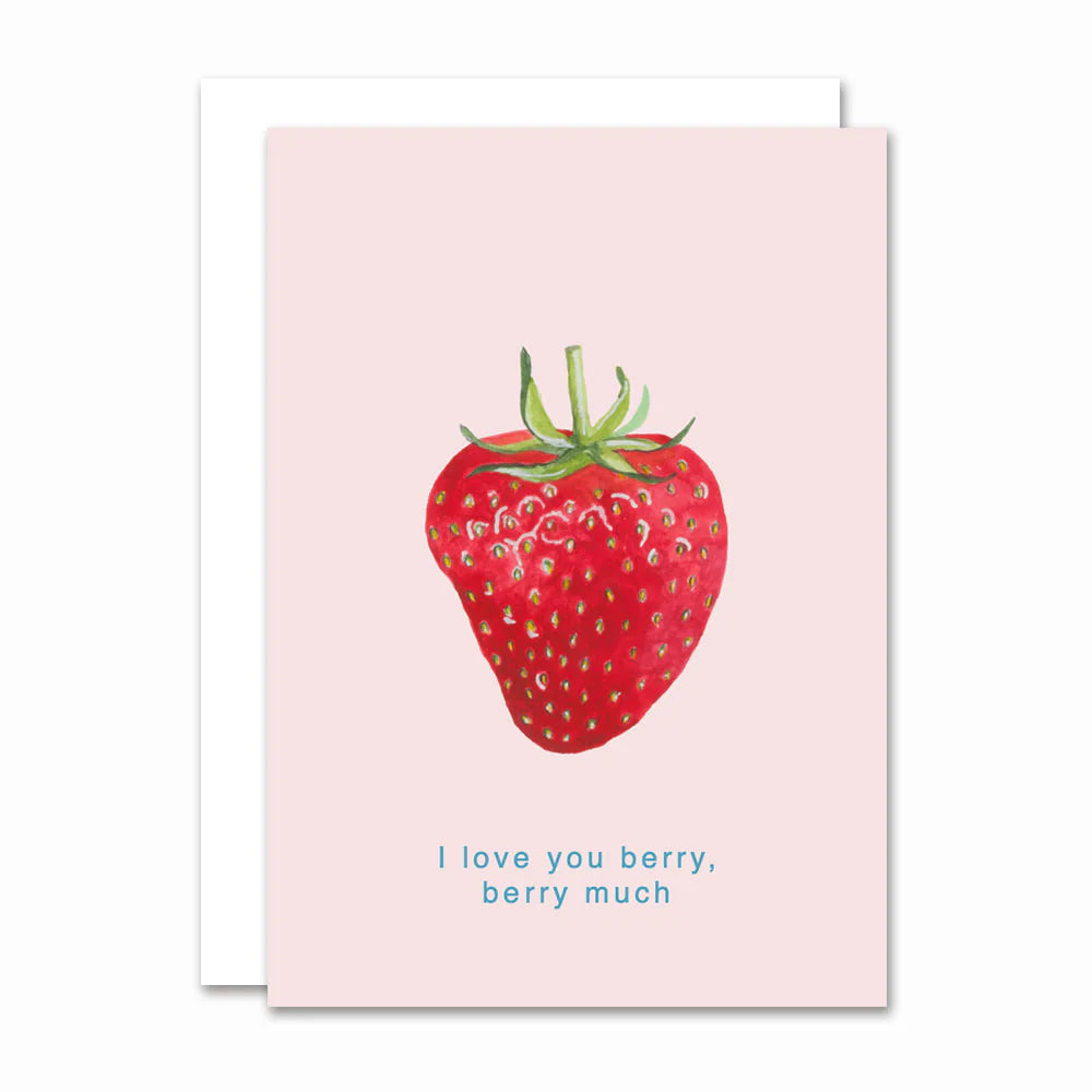 All By Voss lille foldet kort Jordbær (A7) med råhvid kuvert – originalt akvarelmotiv af Annemette Voss Fridthjof med jordbær på lyserød bund og teksten “I love you berry, berry much”, trykt på postkortkarton