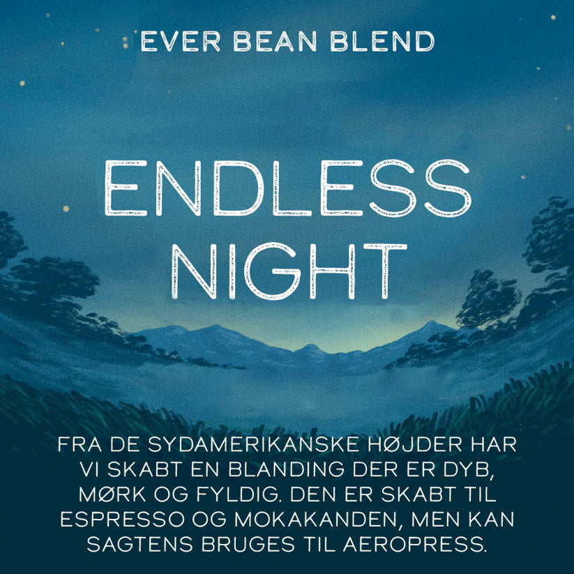 EverBean Endless Night Espresso Blend 250 g – mørkristet kaffeblend af 100% arabica med noter af kakao, mørk karamel og tørret frugt, velegnet til espresso, mokkakande og Aeropress