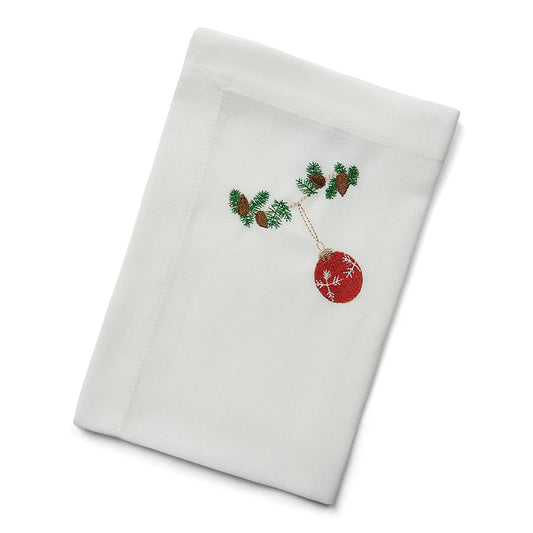 Langkilde & Søn Juleserviet med broderet rød julekugle på grankvist, 50 x 50 cm