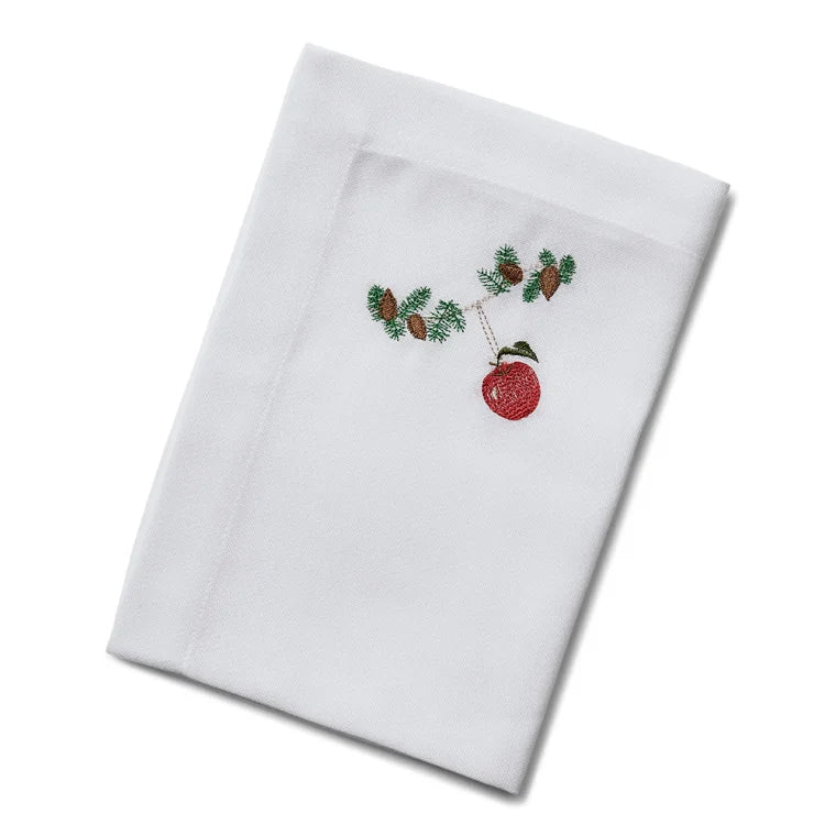 Langkilde & Søn Juleserviet med broderet rødt æble i hvid flagdug, 50 x 50 cm