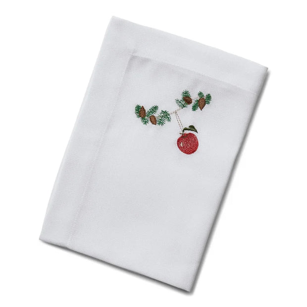 Langkilde & Søn Juleserviet med broderet rødt æble i hvid flagdug, 50 x 50 cm