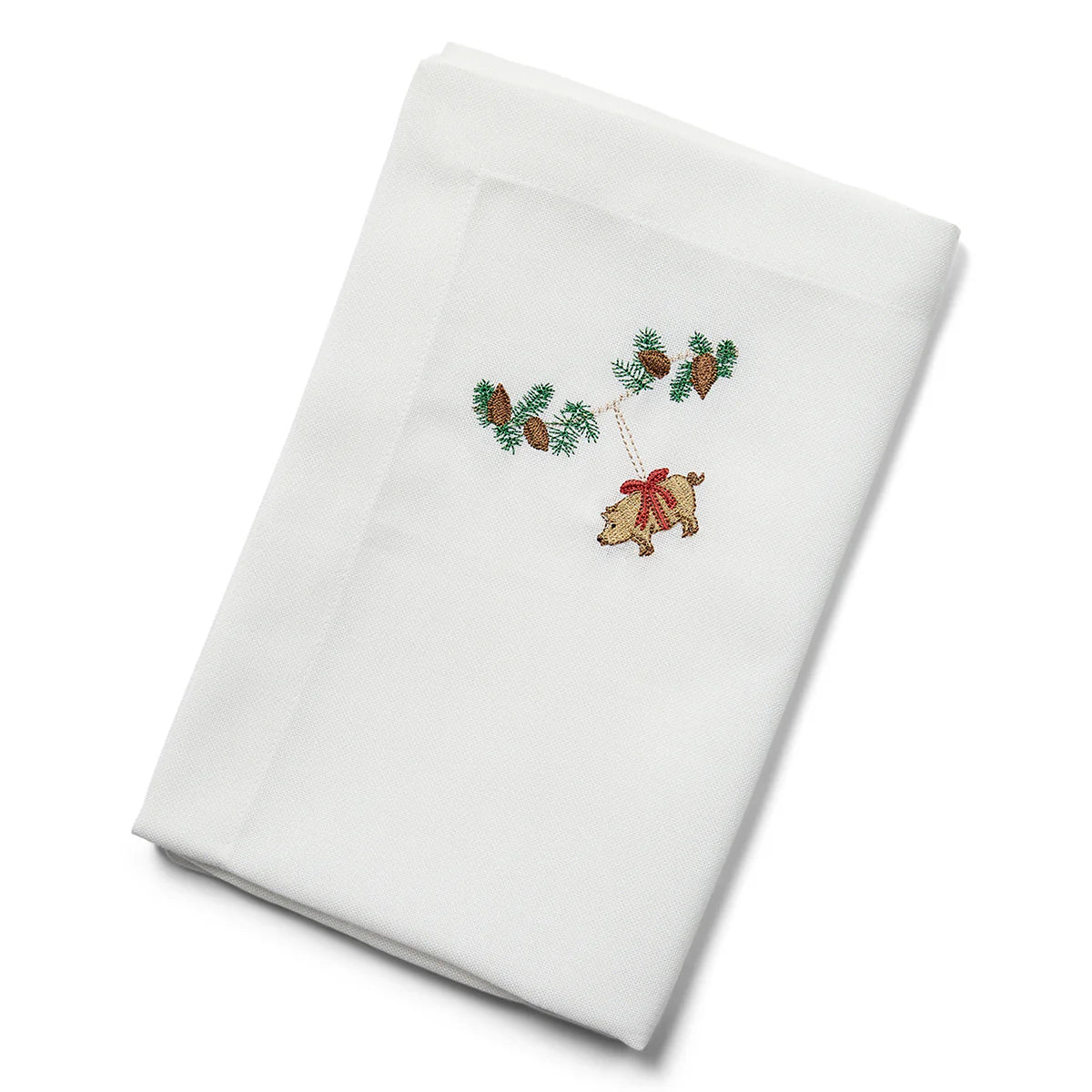 Langkilde & Søn Juleserviet med broderet marcipangris på grankvist, 50 x 50 cm