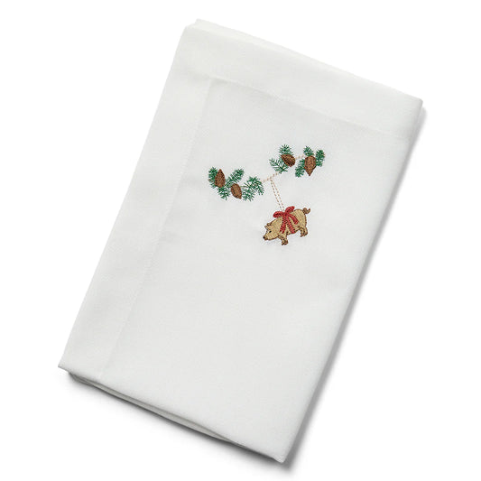 Langkilde & Søn Juleserviet med broderet marcipangris på grankvist, 50 x 50 cm