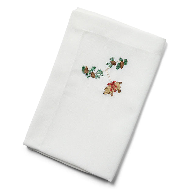 Langkilde & Søn Juleserviet med broderet marcipangris på grankvist, 50 x 50 cm