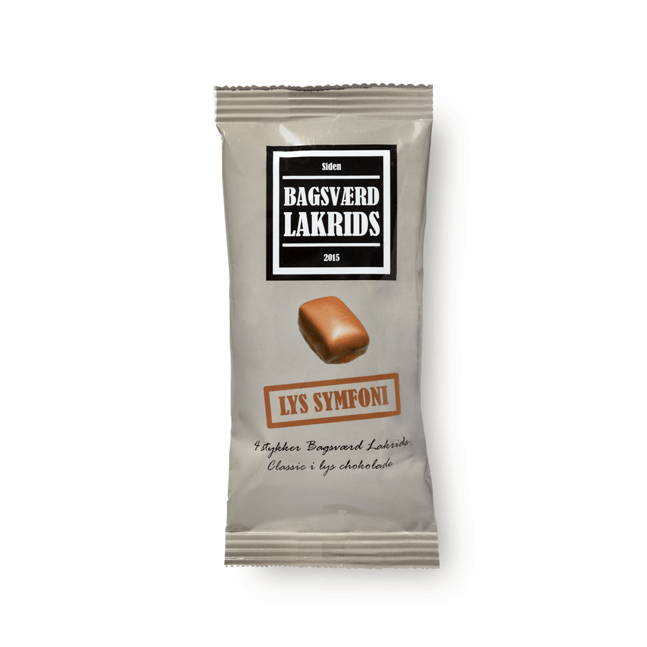 Bagsværd Lakrids Lys Symfoni 4 stk (40 g) – håndlavet dansk salmiaklakrids (Classic) overtrukket med lys chokolade, mundrette stykker med rund sødme og salt lakridsprofil