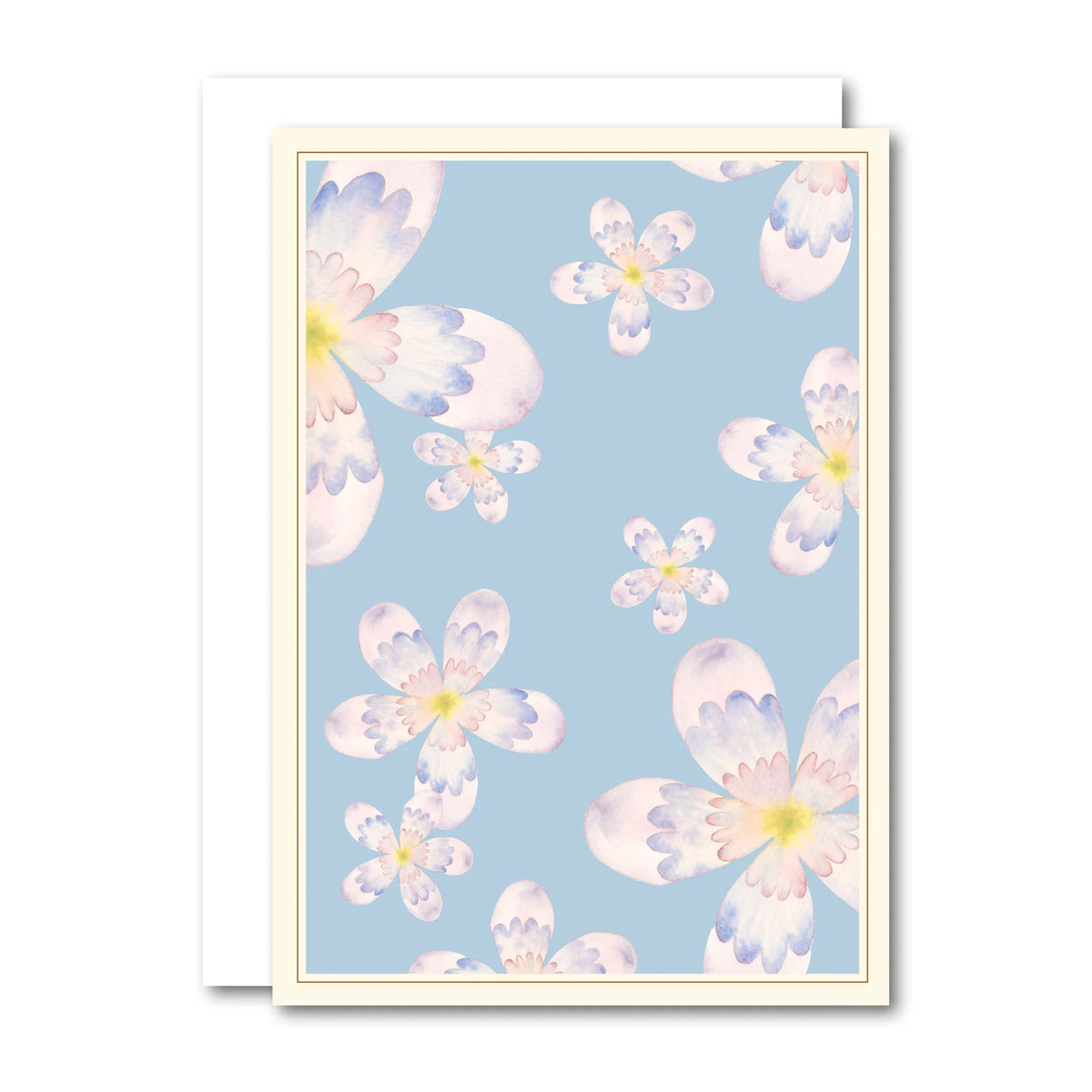 All By Voss lille foldet kort Blue Flowers (A7) med kuvert – originalt akvarelmotiv af Annemette Voss Fridthjof med blå blomster, trykt på postkortkarton, 74 x 105 mm sammenfoldet
