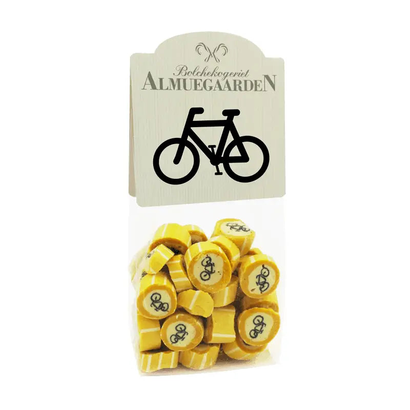 Almuegaarden Cykel bolcher med smag af passionsfrugt 110 g – håndlavede danske bolcher med frugtig passionsfrugtsmag, klassisk bolchehygge i pose til gave og slikskål