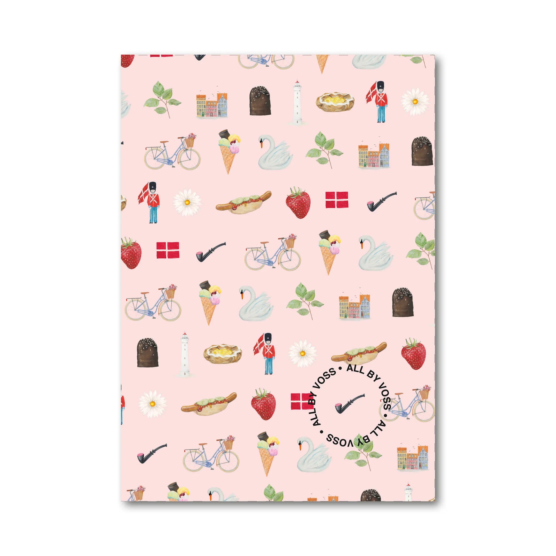 All By Voss Notesbog Danish – hardback notesbog med 96 blanke, kraftige hvide sider der modvirker gennemskrivning ved tusch, omslag med akvarelmotiv af Annemette Voss Fridthjof, 21 x 14,8 cm