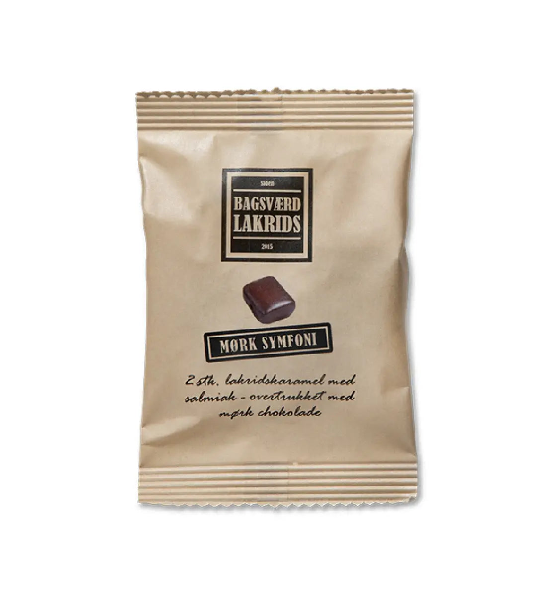 Bagsværd Lakrids Mørk Symfoni Flowpack 10 g, håndlavet dansk salmiaklakrids overtrukket med mørk chokolade, rålakrids og havsalt