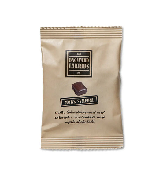 Bagsværd Lakrids Mørk Symfoni Flowpack 10 g, håndlavet dansk salmiaklakrids overtrukket med mørk chokolade, rålakrids og havsalt