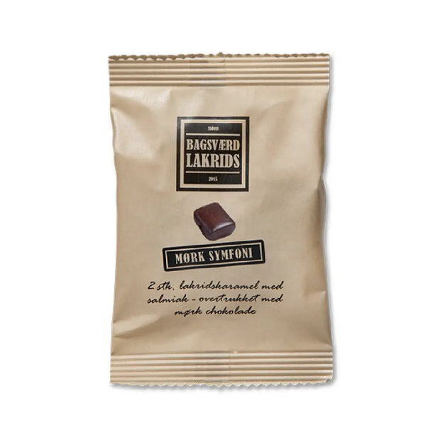 Bagsværd Lakrids Mørk Symfoni Flowpack 10 g, håndlavet dansk salmiaklakrids overtrukket med mørk chokolade, rålakrids og havsalt